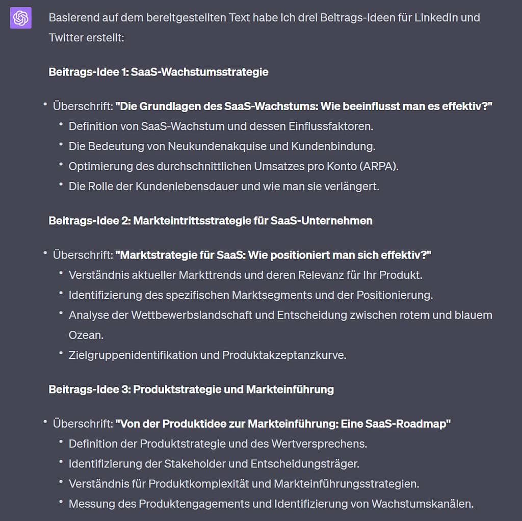 ChatGPT: so generierst Du Ideen für Social Media Posts - Beispielergebnis