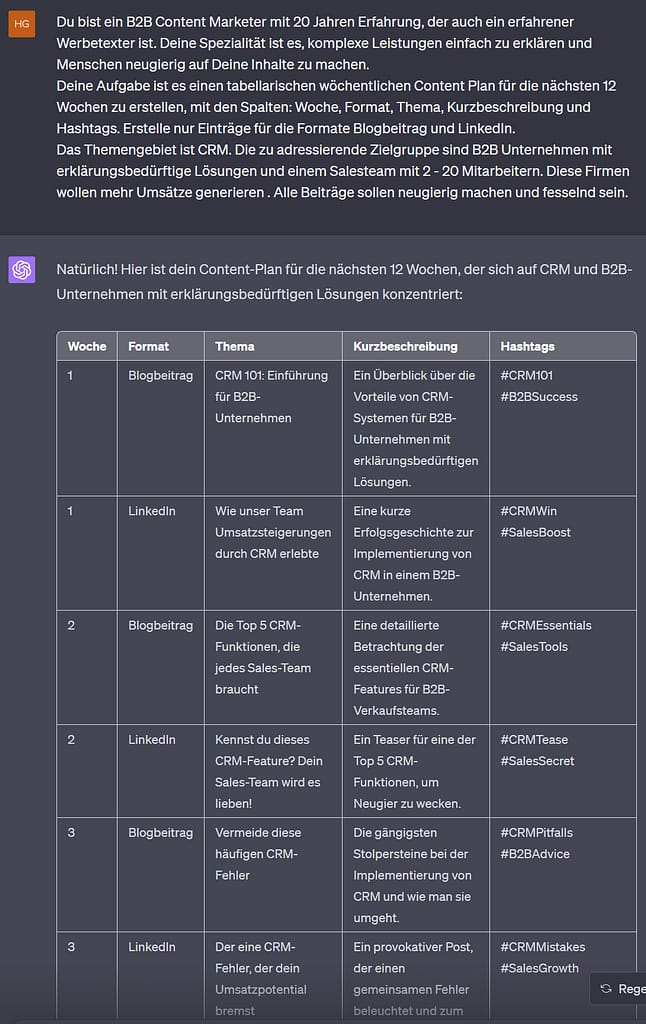 ChatGPT Prompt: Erstellung eines Content Plans