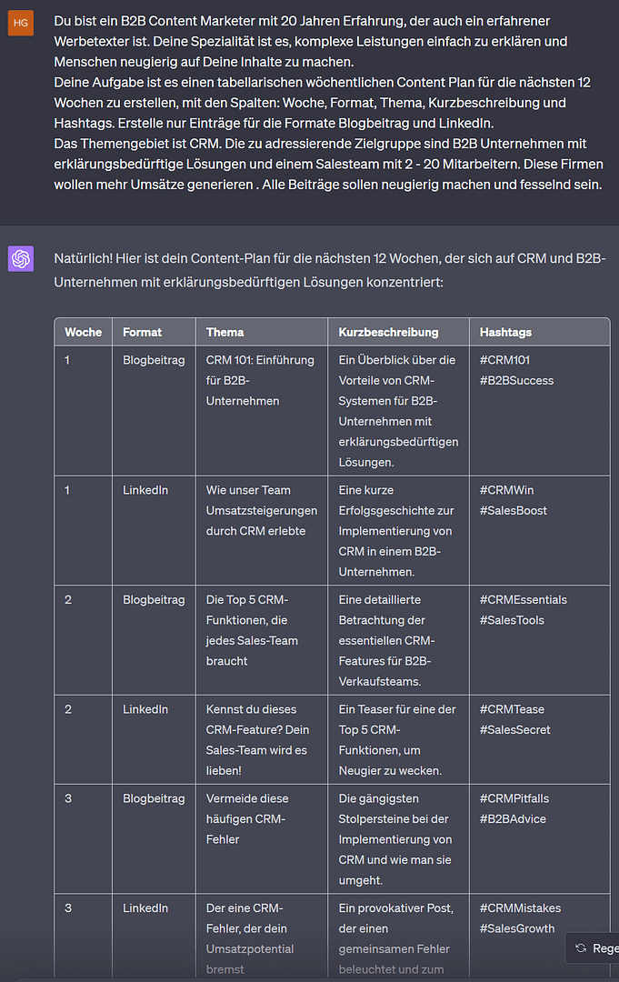 ChatGPT Prompt: Erstellung eines Content Plans